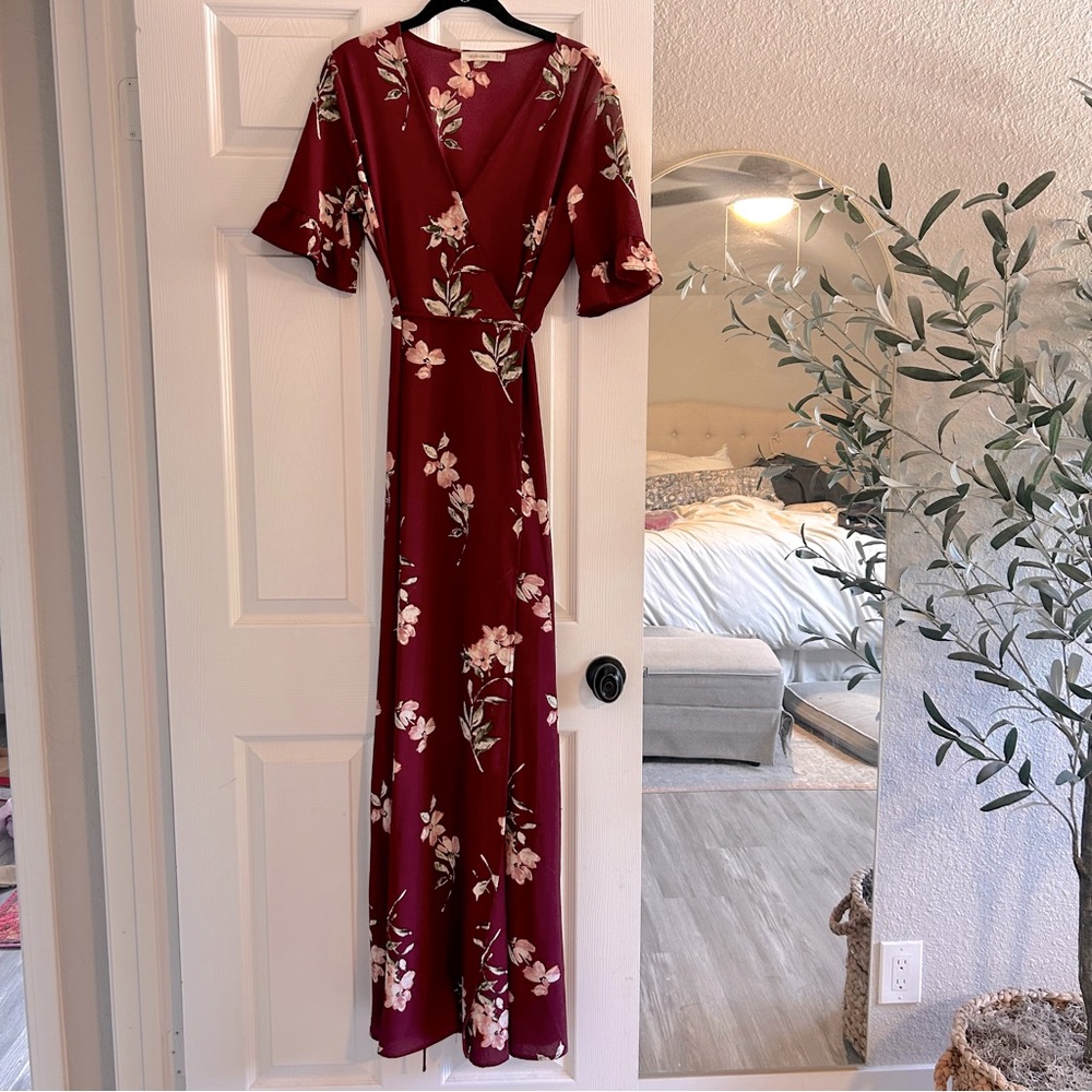 September Sunsets Burgundy Floral Print Wrap Maxi Dress